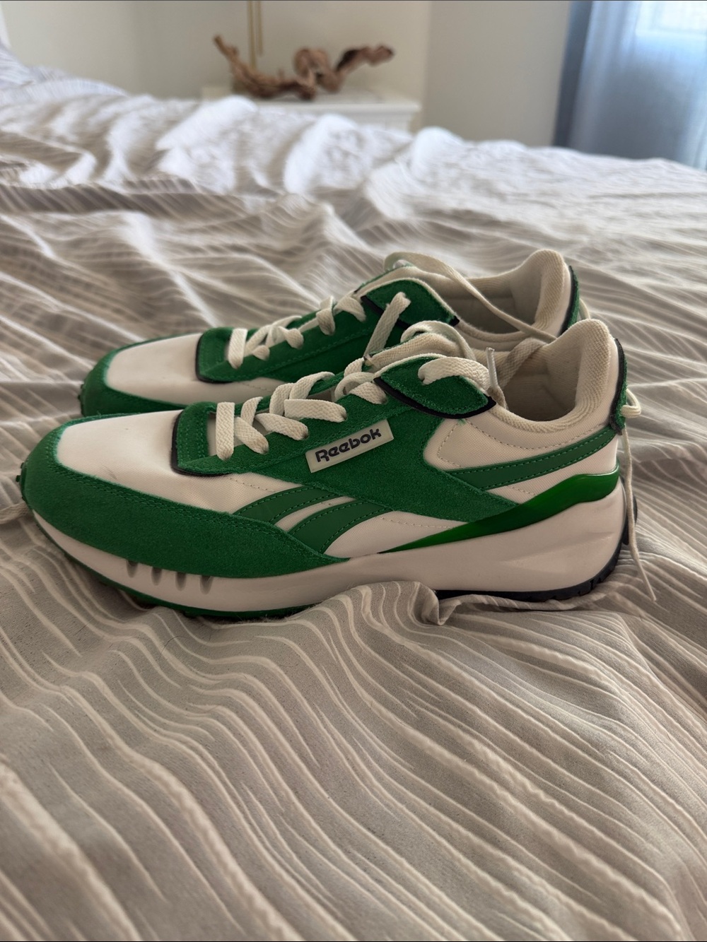 Reebok White and Green Retro Runner Sneakers